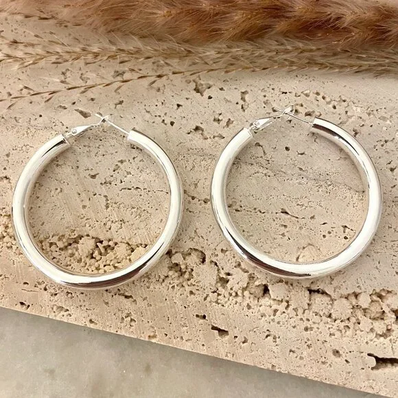 COPY - 925 Sterling Silver Hoop Earrings Large Silver Hoops Chunky Earrings - Picture 2 of 6